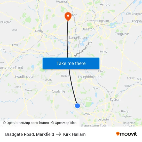 Bradgate Road, Markfield to Kirk Hallam map