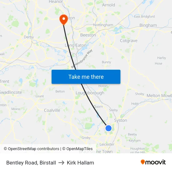 Bentley Road, Birstall to Kirk Hallam map