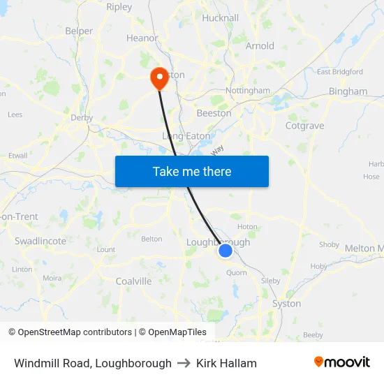 Windmill Road, Loughborough to Kirk Hallam map