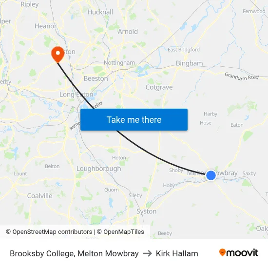 Brooksby College, Melton Mowbray to Kirk Hallam map