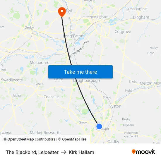 The Blackbird, Leicester to Kirk Hallam map