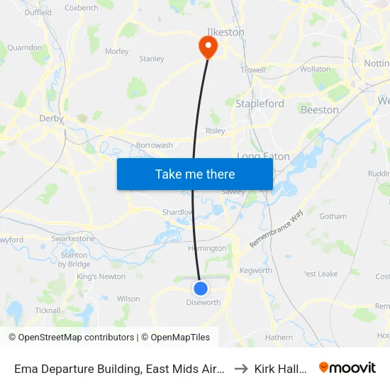 Ema Departure Building, East Mids Airport to Kirk Hallam map