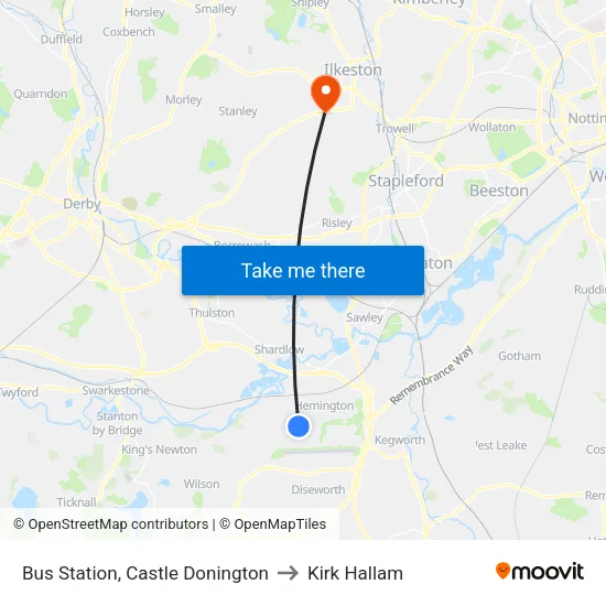 Bus Station, Castle Donington to Kirk Hallam map