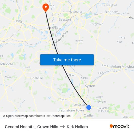 General Hospital, Crown Hills to Kirk Hallam map