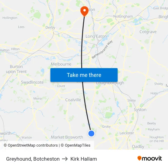 Greyhound, Botcheston to Kirk Hallam map