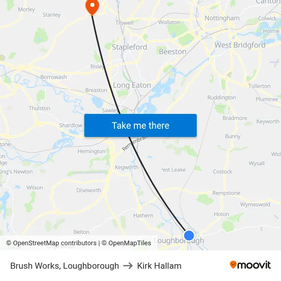 Brush Works, Loughborough to Kirk Hallam map