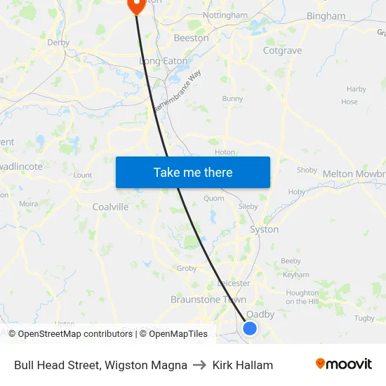 Bull Head Street, Wigston Magna to Kirk Hallam map