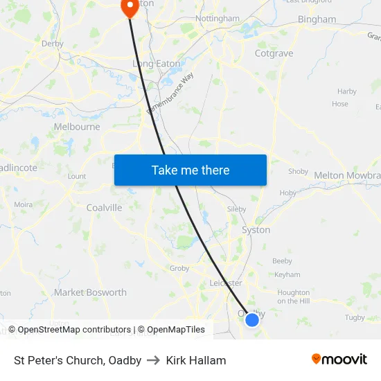 St Peter's Church, Oadby to Kirk Hallam map