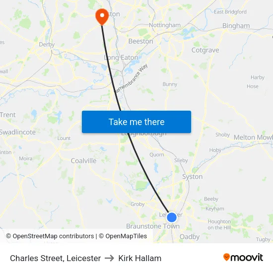 Charles Street, Leicester to Kirk Hallam map