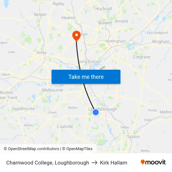 Charnwood College, Loughborough to Kirk Hallam map