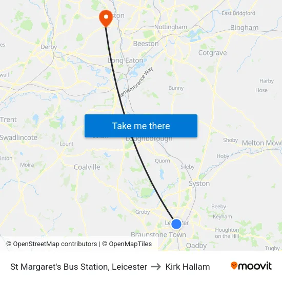 St Margaret's Bus Station, Leicester to Kirk Hallam map