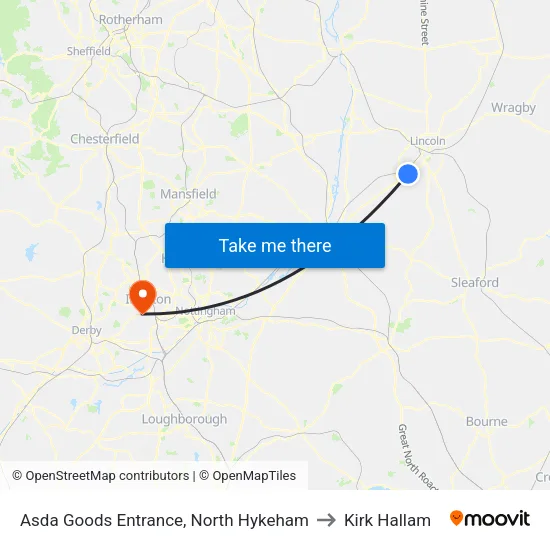 Asda Goods Entrance, North Hykeham to Kirk Hallam map