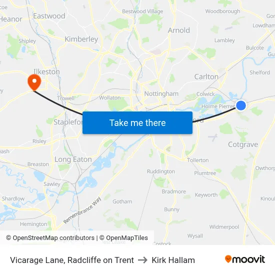 Vicarage Lane, Radcliffe on Trent to Kirk Hallam map