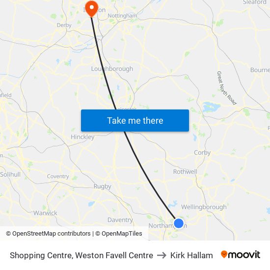 Shopping Centre, Weston Favell Centre to Kirk Hallam map