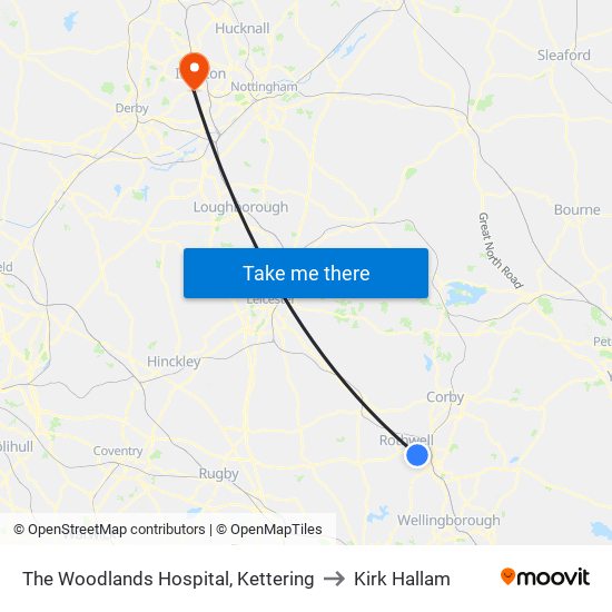 The Woodlands Hospital, Kettering to Kirk Hallam map