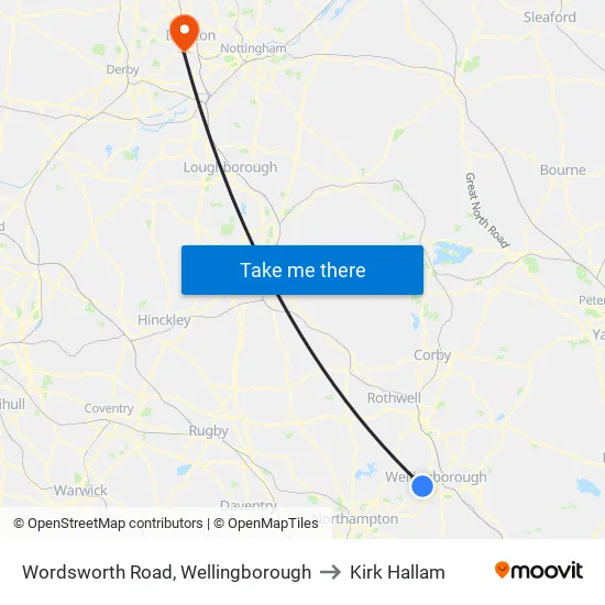 Wordsworth Road, Wellingborough to Kirk Hallam map
