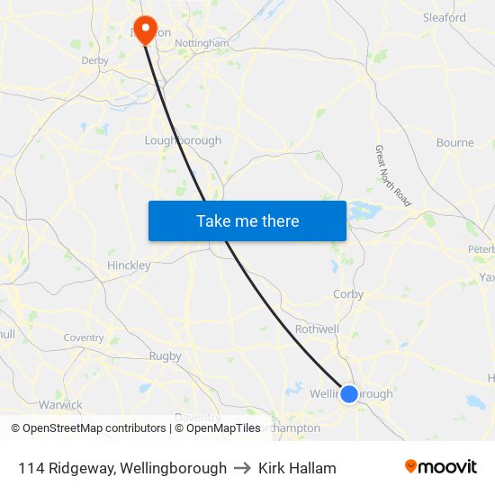 114 Ridgeway, Wellingborough to Kirk Hallam map