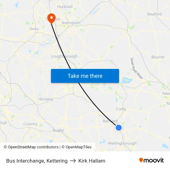 Bus Interchange, Kettering to Kirk Hallam map