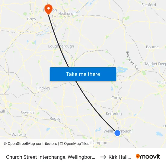 Church Street Interchange, Wellingborough to Kirk Hallam map