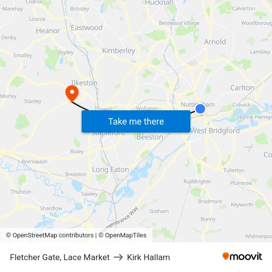 Fletcher Gate, Lace Market to Kirk Hallam map
