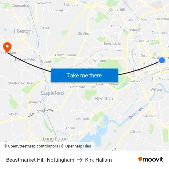 Beastmarket Hill, Nottingham to Kirk Hallam map
