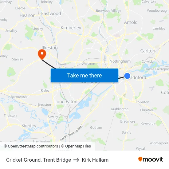 Cricket Ground, Trent Bridge to Kirk Hallam map