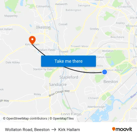 Wollaton Road, Beeston to Kirk Hallam map
