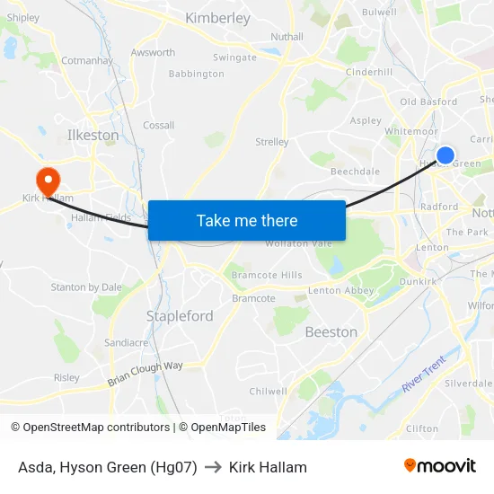 Asda, Hyson Green (Hg07) to Kirk Hallam map