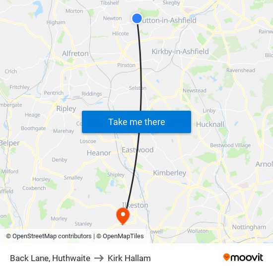 Back Lane, Huthwaite to Kirk Hallam map