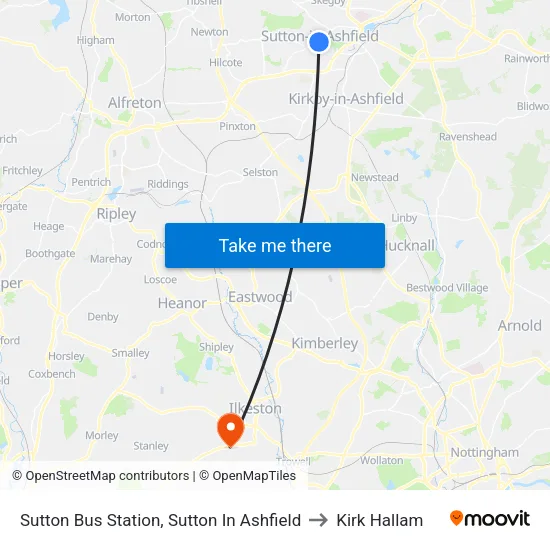 Sutton Bus Station, Sutton In Ashfield to Kirk Hallam map