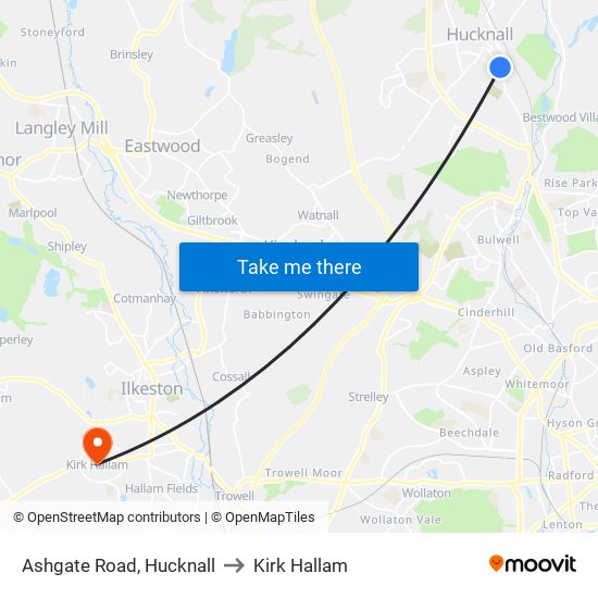 Ashgate Road, Hucknall to Kirk Hallam map