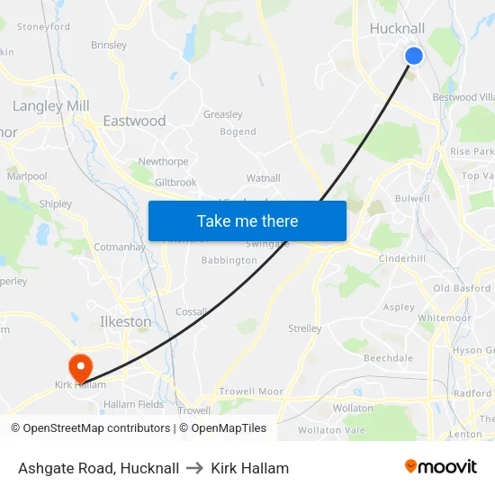 Ashgate Road, Hucknall to Kirk Hallam map