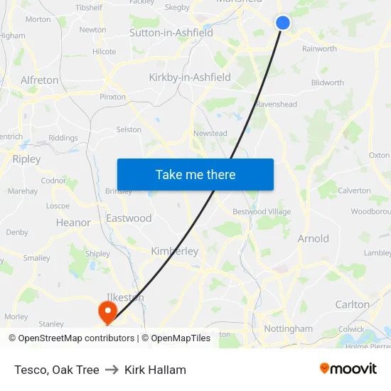 Tesco, Oak Tree to Kirk Hallam map