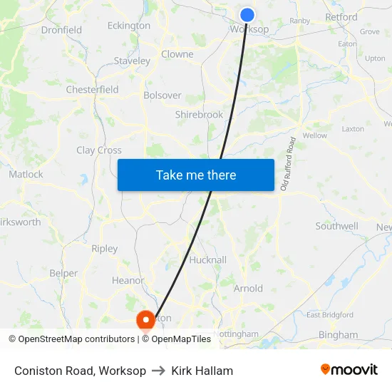 Coniston Road, Worksop to Kirk Hallam map