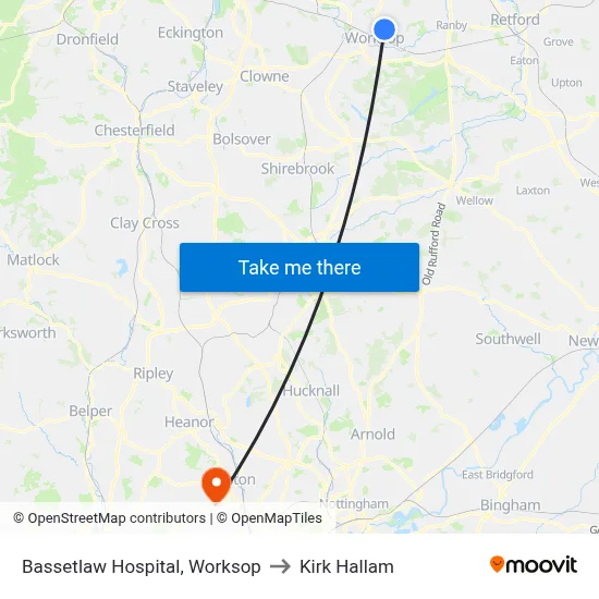 Bassetlaw Hospital, Worksop to Kirk Hallam map