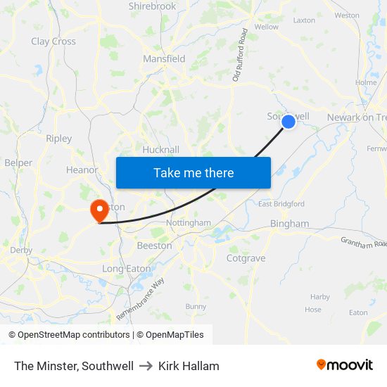 The Minster, Southwell to Kirk Hallam map