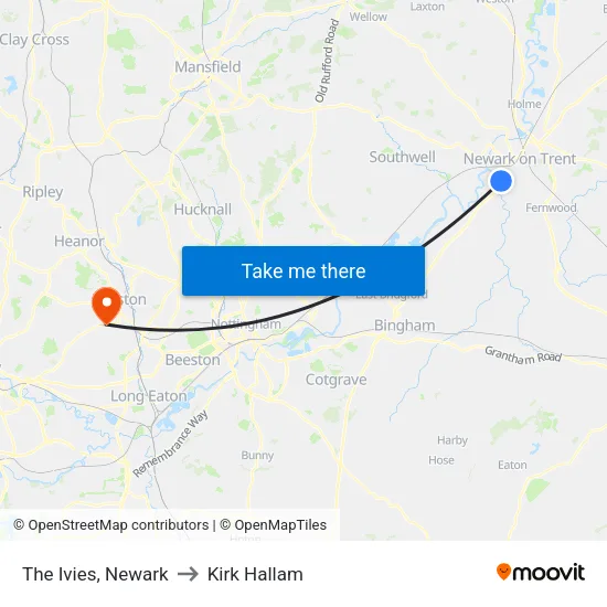 The Ivies, Newark to Kirk Hallam map