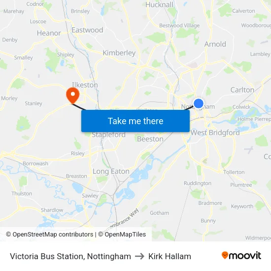 Victoria Bus Station, Nottingham to Kirk Hallam map