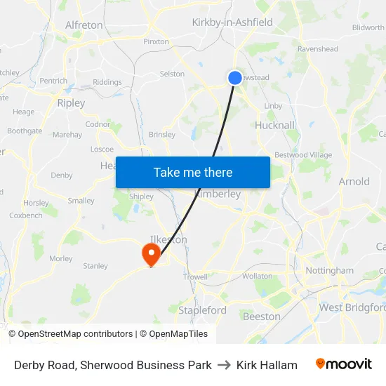 Derby Road, Sherwood Business Park to Kirk Hallam map