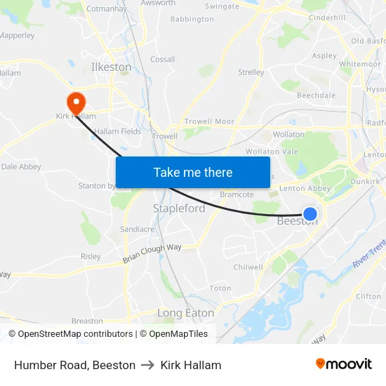 Humber Road, Beeston to Kirk Hallam map