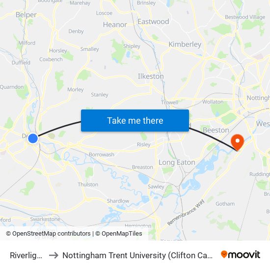 Riverlights to Nottingham Trent University (Clifton Campus) map
