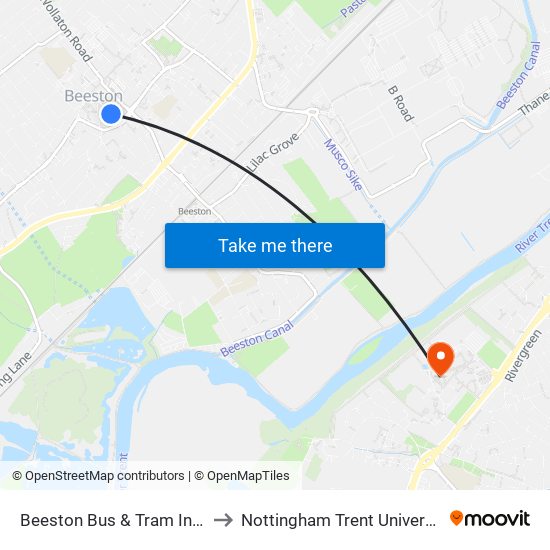 Beeston Bus & Tram Interchange, Beeston to Nottingham Trent University (Clifton Campus) map