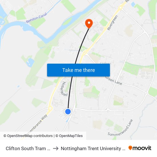 Clifton South Tram Stop, Clifton to Nottingham Trent University (Clifton Campus) map