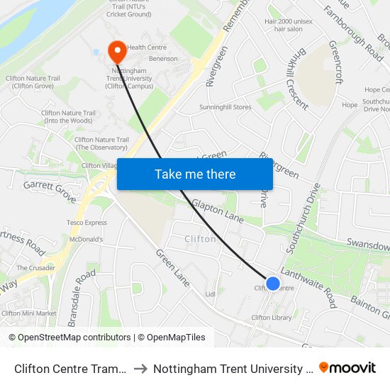 Clifton Centre Tram Stop, Clifton to Nottingham Trent University (Clifton Campus) map