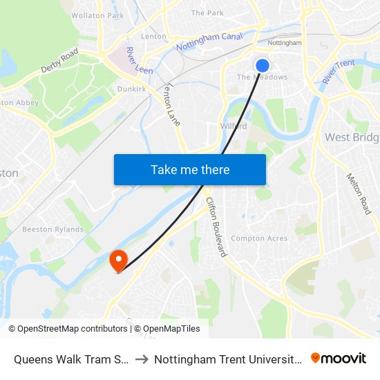 Queens Walk Tram Stop, Meadows to Nottingham Trent University (Clifton Campus) map
