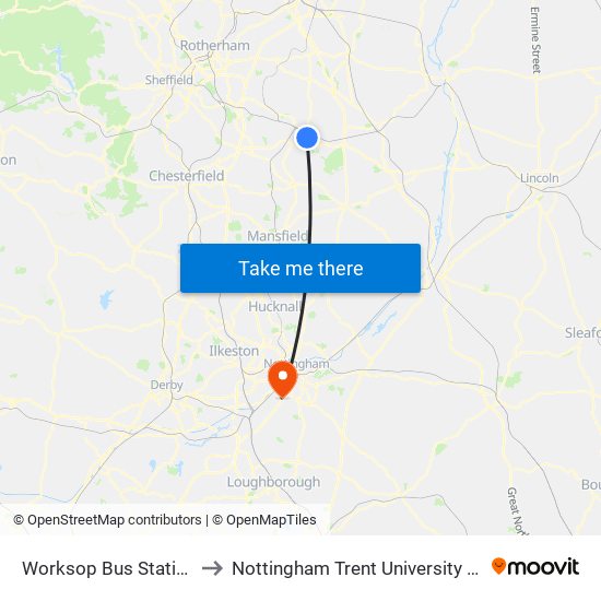 Worksop Bus Station, Worksop to Nottingham Trent University (Clifton Campus) map