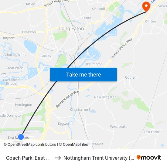 Coach Park, East Mids Airport to Nottingham Trent University (Clifton Campus) map