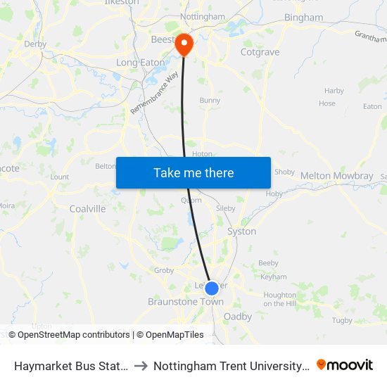 Haymarket Bus Station, Leicester to Nottingham Trent University (Clifton Campus) map