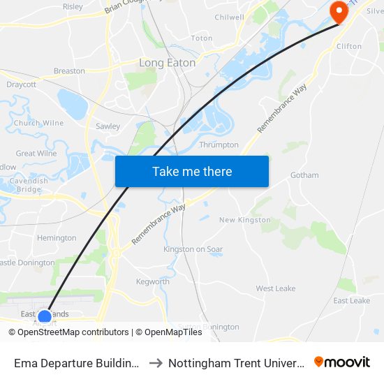 Ema Departure Building, East Mids Airport to Nottingham Trent University (Clifton Campus) map