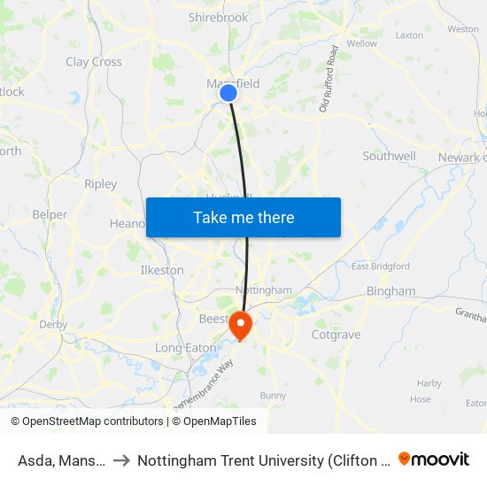 Asda, Mansfield to Nottingham Trent University (Clifton Campus) map